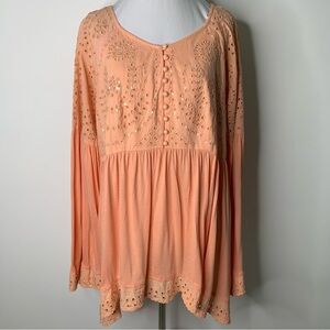 Free People Women's Boho Orange Bell Sleeves Scoop Neck Perforated Blouse Large
